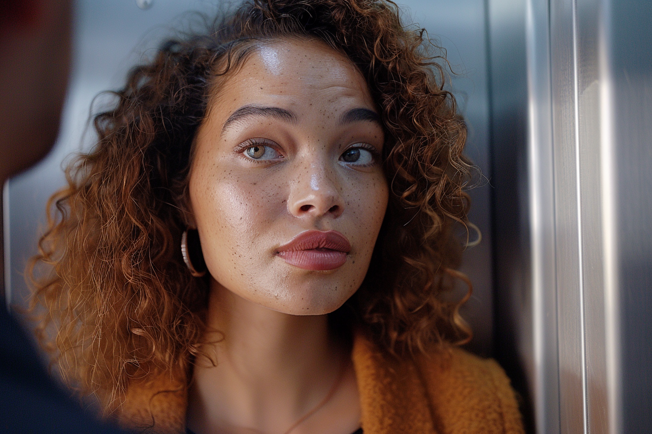 A woman looking at a man in an elevator | Source: No source