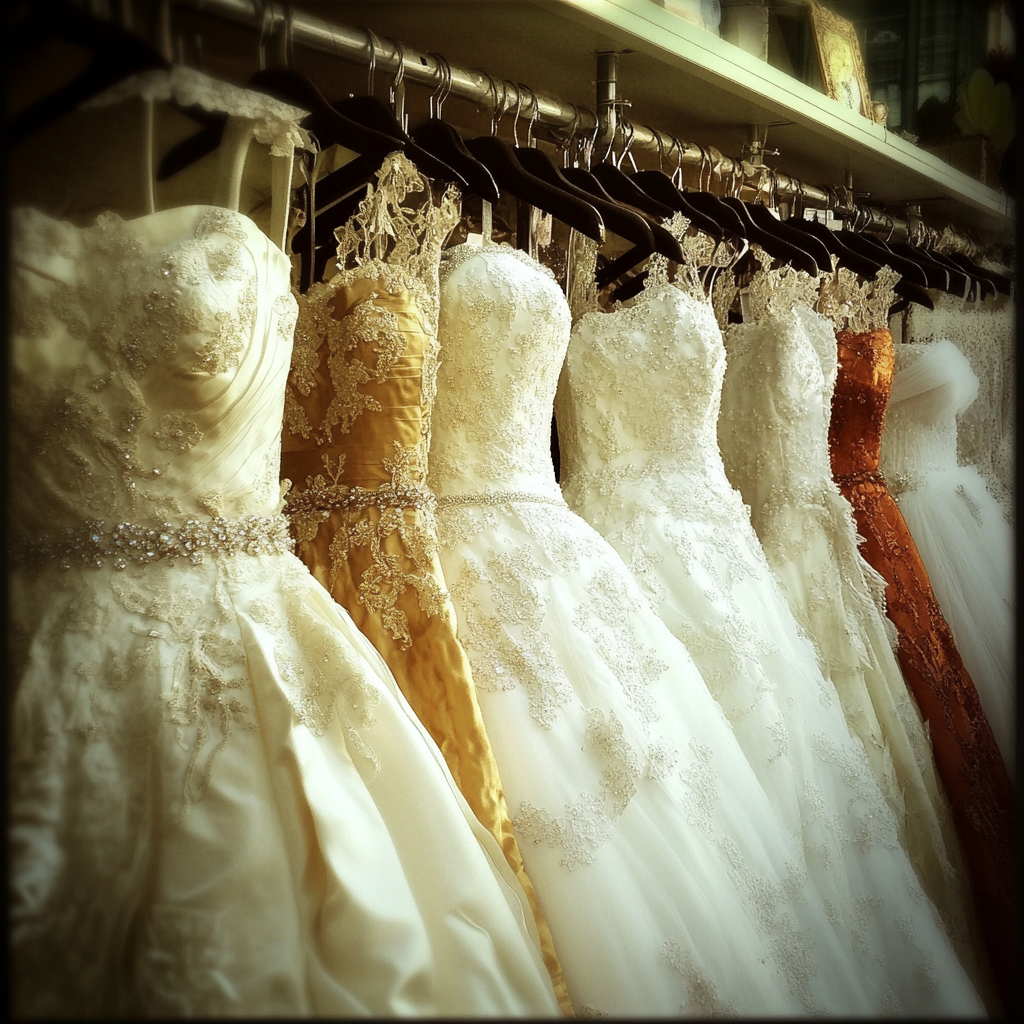 A row of wedding dresses | Source: No source