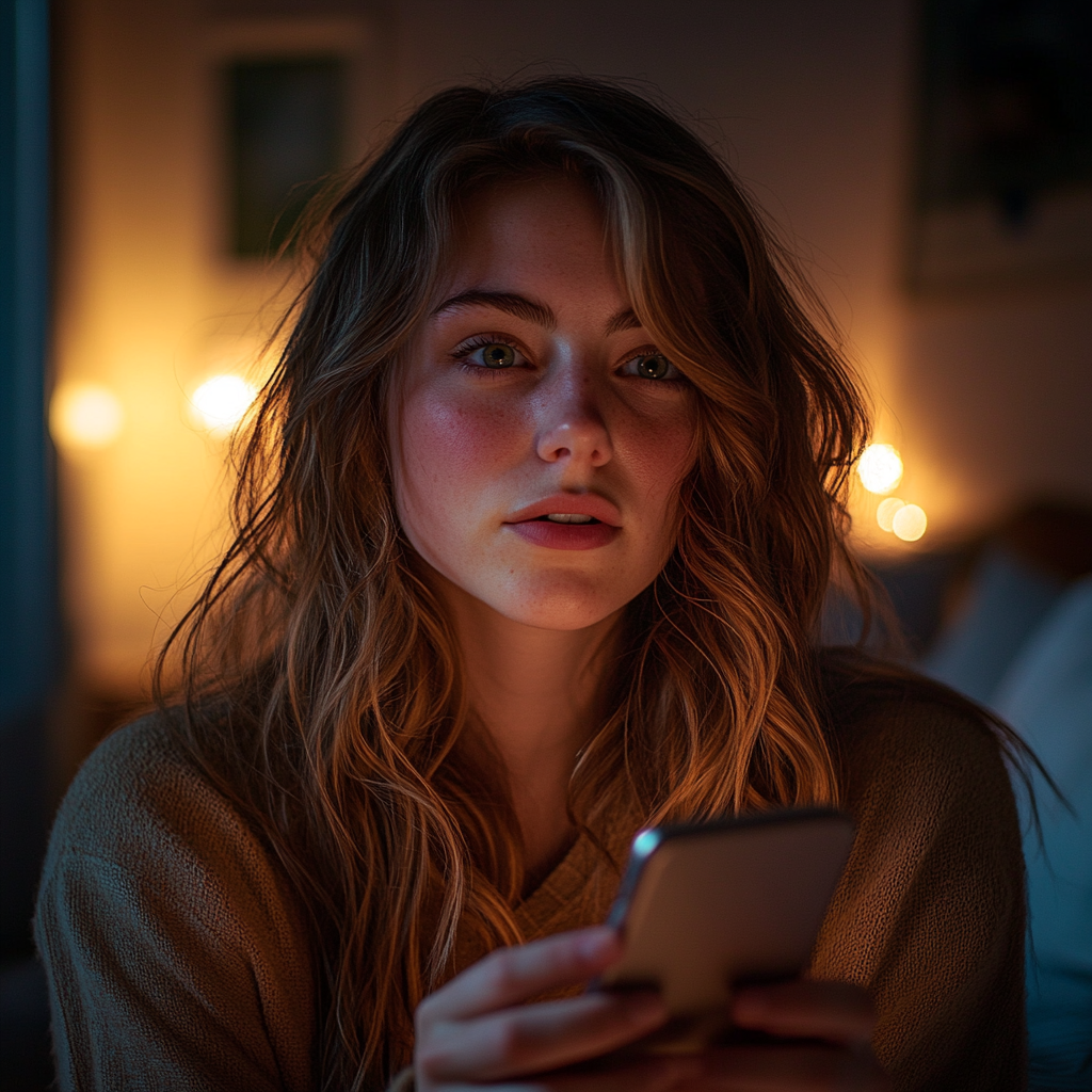 A woman using her phone in her room at night | Source: No source