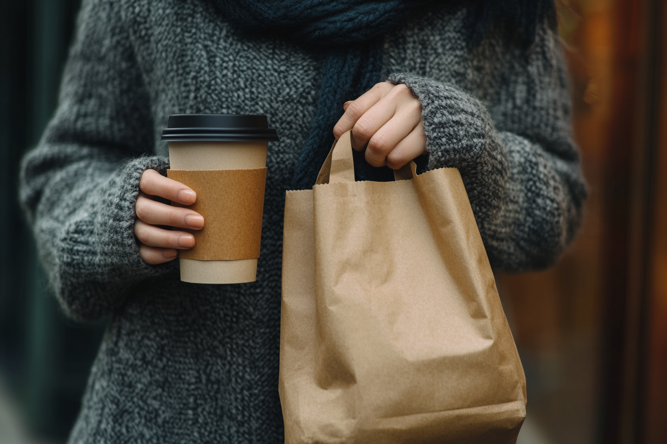 A woman holding a to-go coffee cup and a to-go brown bag | Source: No source