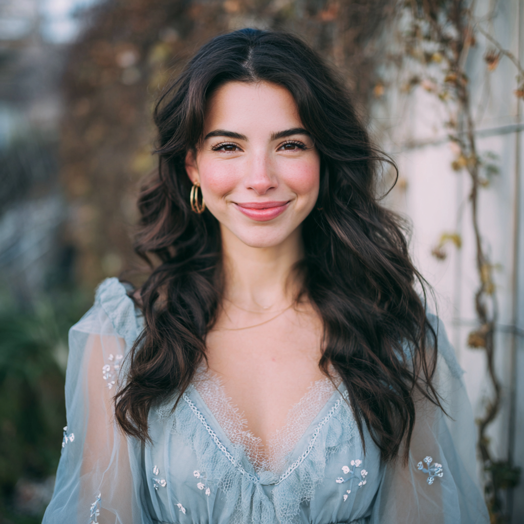 A smiling woman wearing a soft blue dress | Source: no source