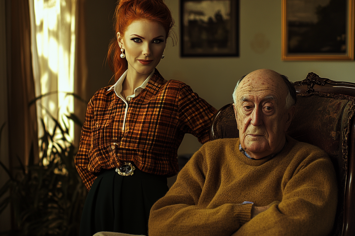 Woman in her 40s smiling and standing behind her father in his 70s who is sitting in an armchair | Source: no source