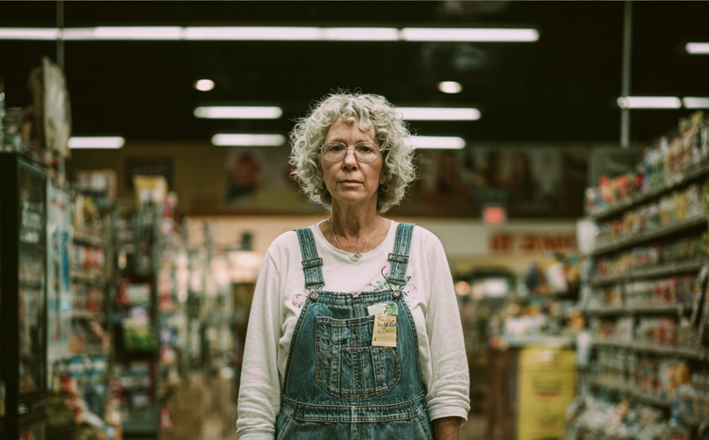 An older woman wearing denim dungarees | Source: no source