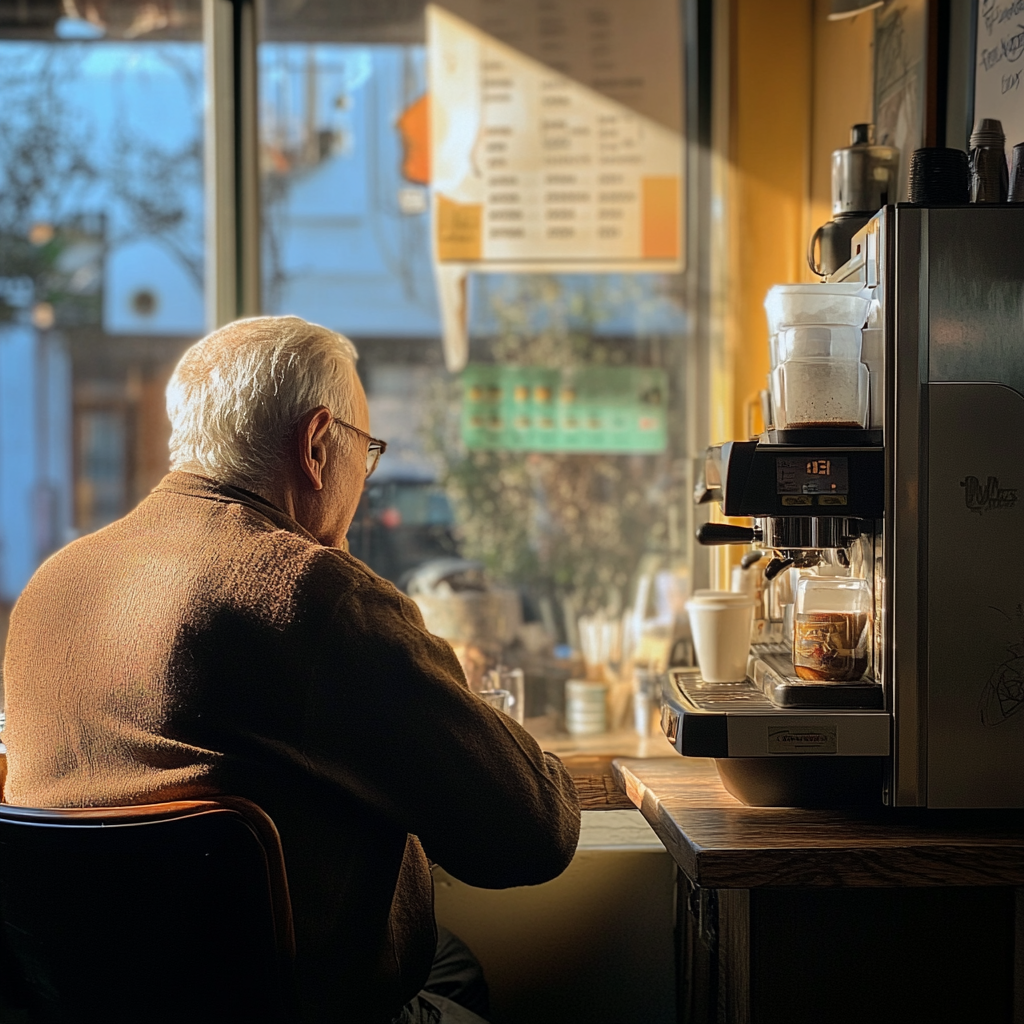 Senior man seated next to a coffee making machine | Source: No source
