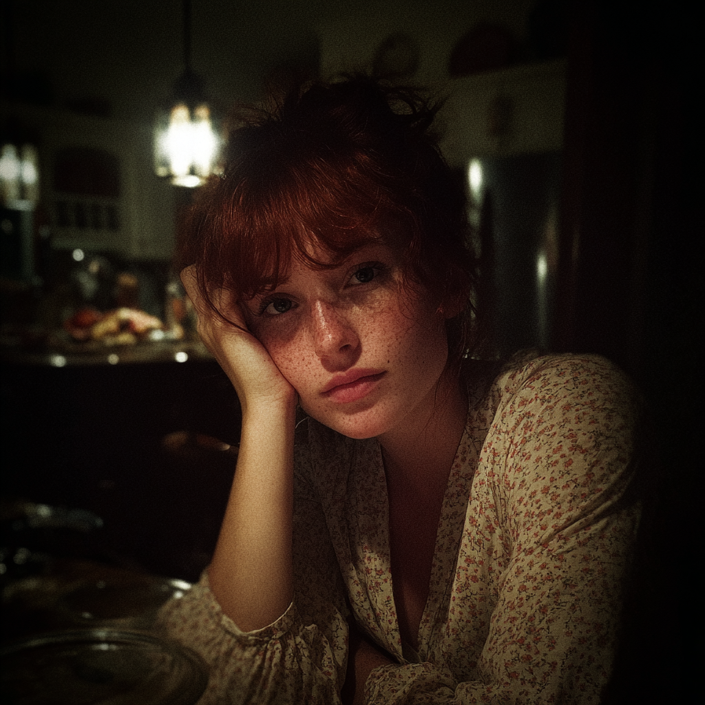A tired woman sitting at a kitchen table at night | Source: no source