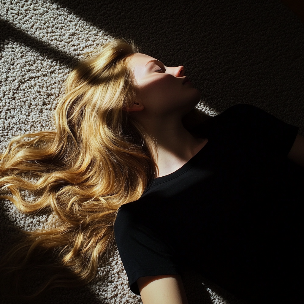 A woman laying on a carpet | Source: No source