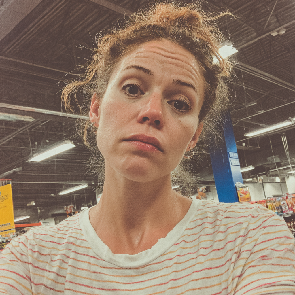 An emotional woman standing in a grocery store | Source: no source