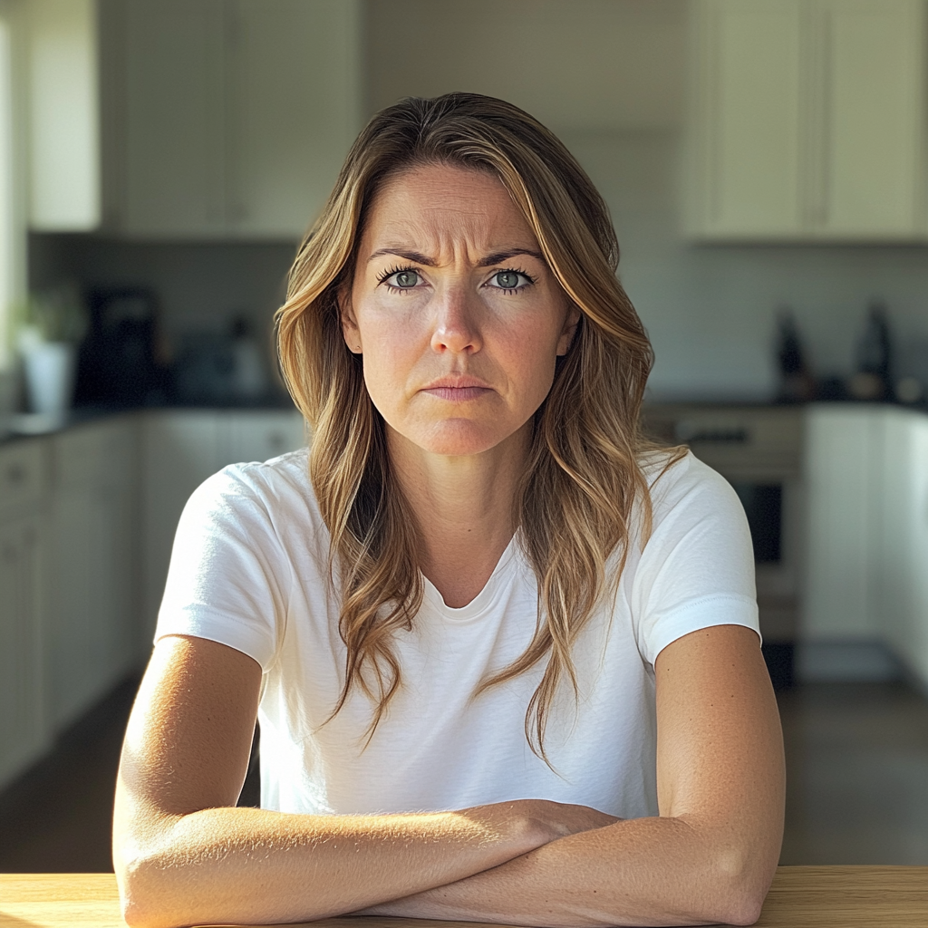 An upset woman sitting at a kitchen table | Source: no source
