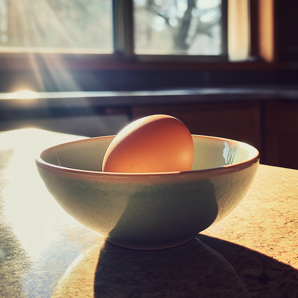 An egg in a bowl on a kitchen counter | Source: No source