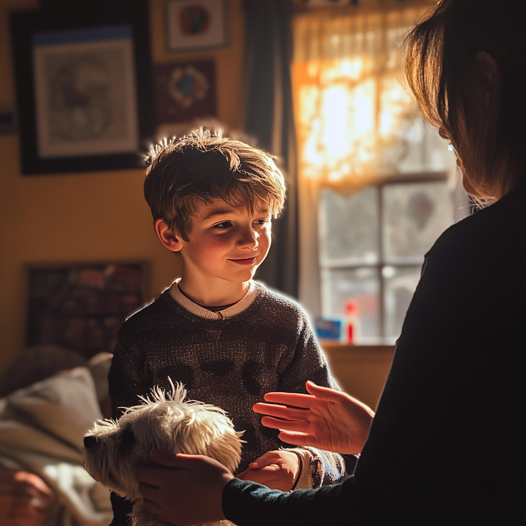Young boy bonding with his dog while chatting with his mom. | Source: No source