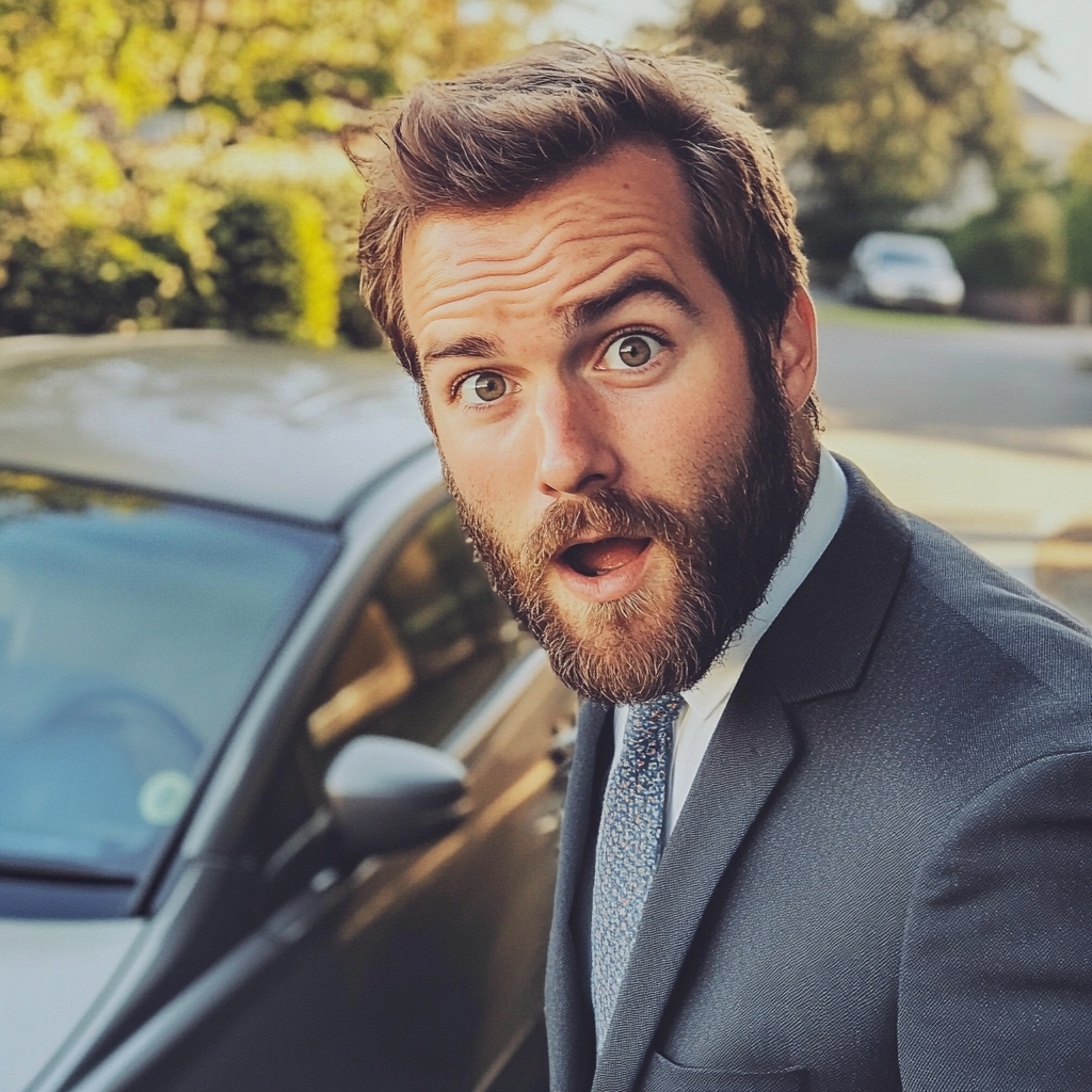A shocked man standing next to his car | Source: No source