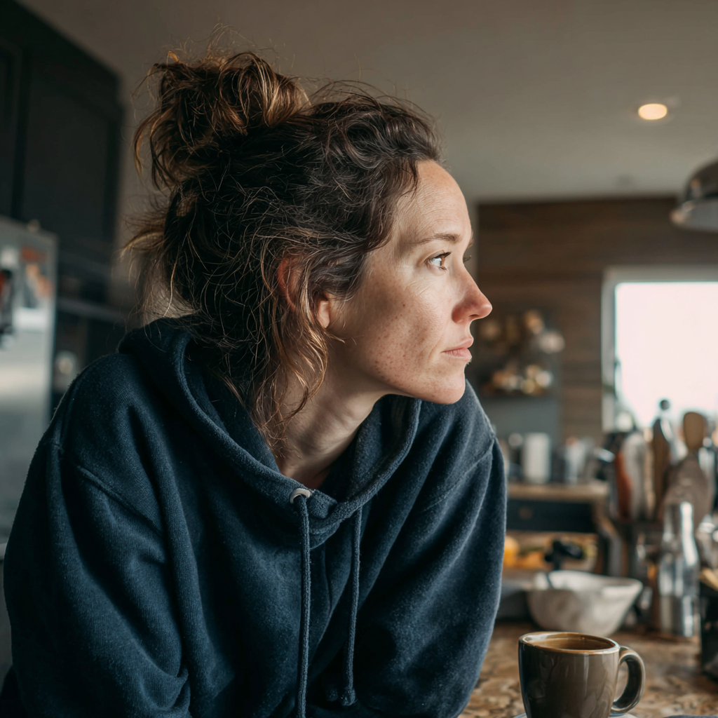 An upset woman sitting at a kitchen counter | Source: no source