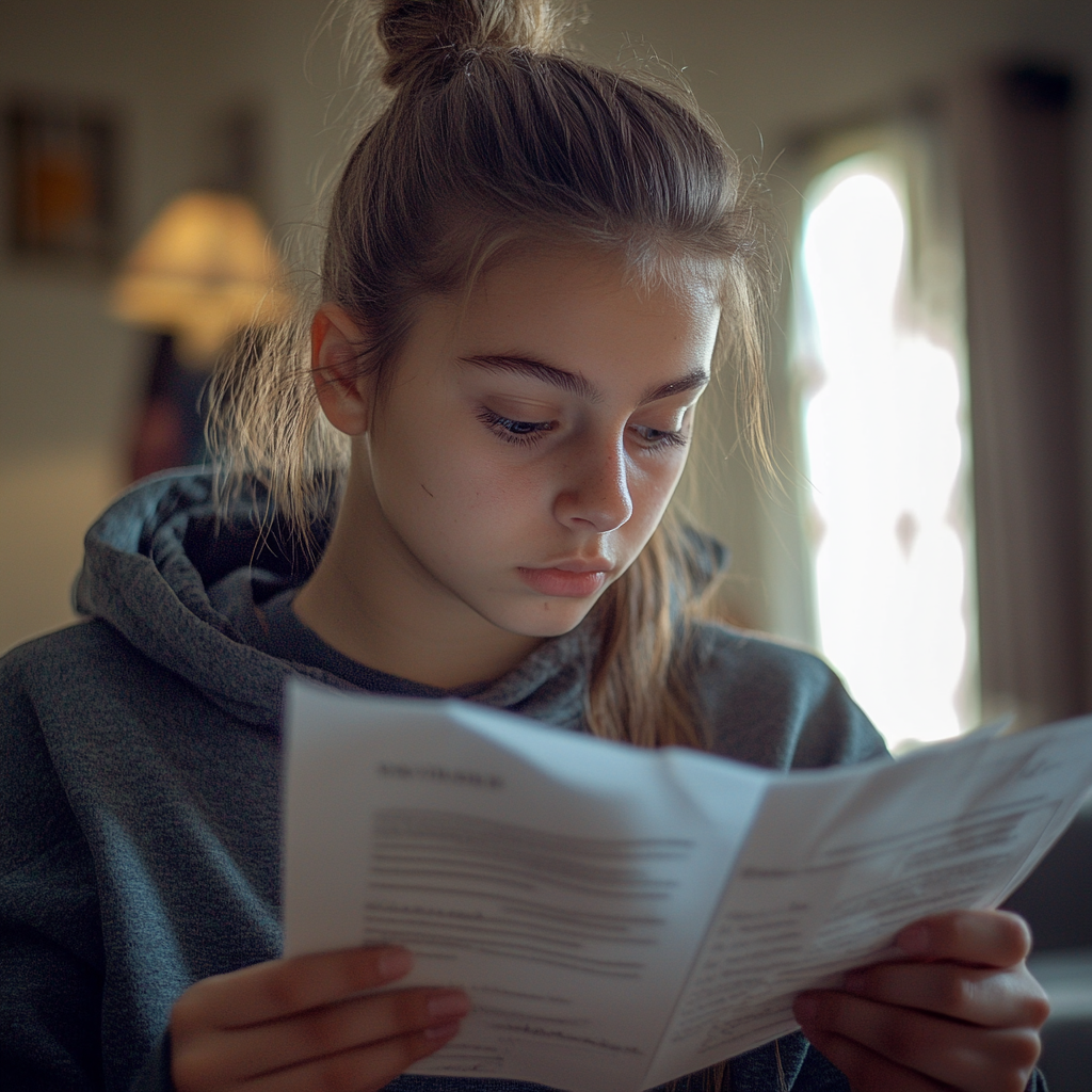 A girl looking at documents in her hands | Source: No source