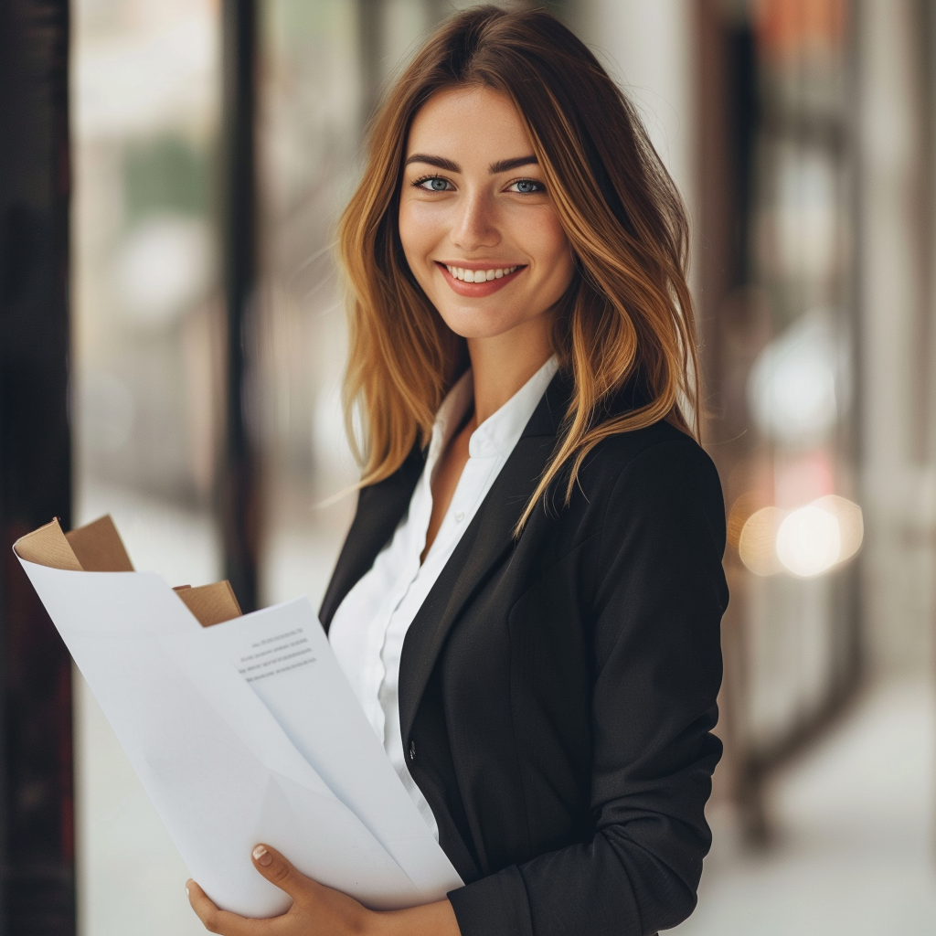 A woman in a business suit holding paperwork | Source: no source