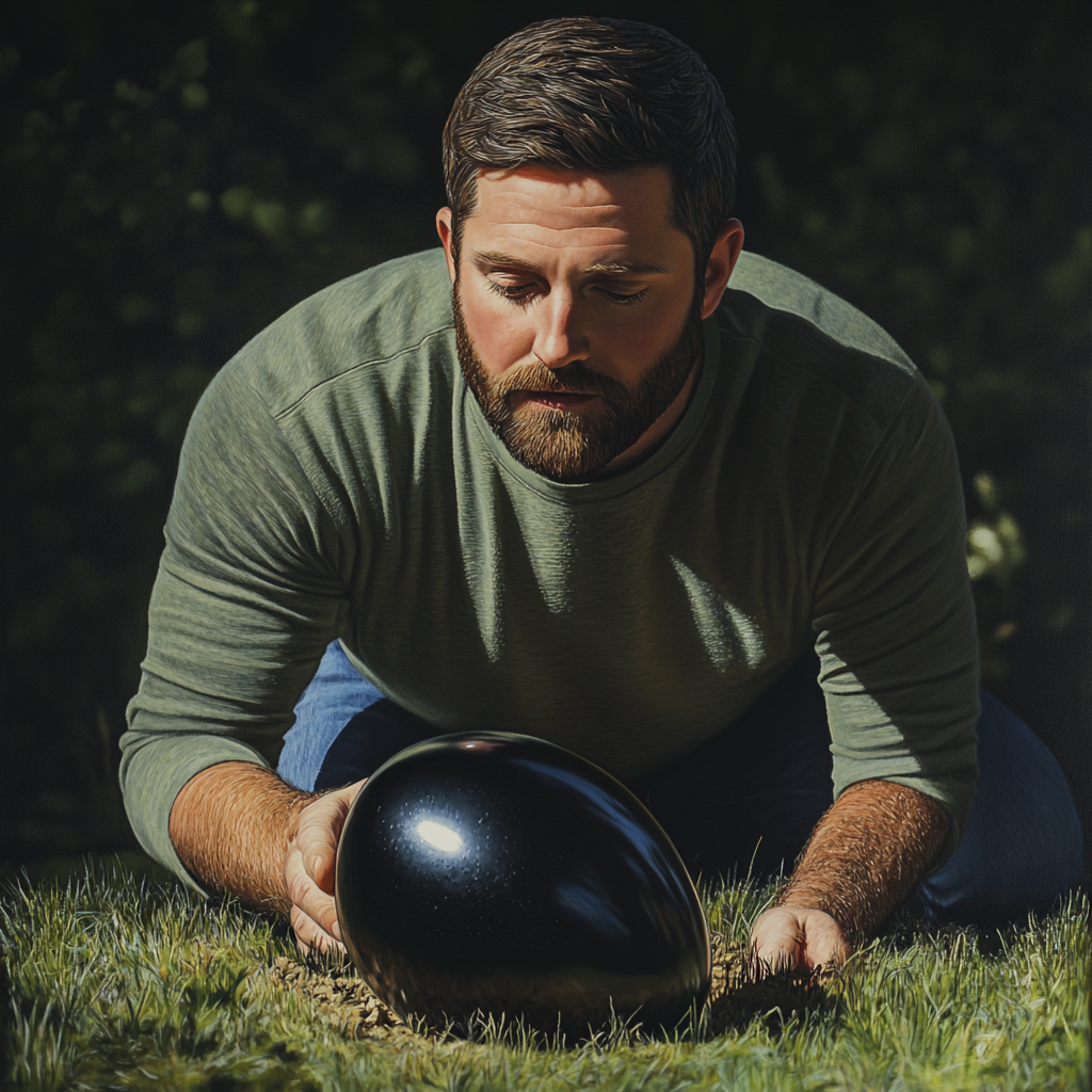 A man holding a large black egg | Source: No source