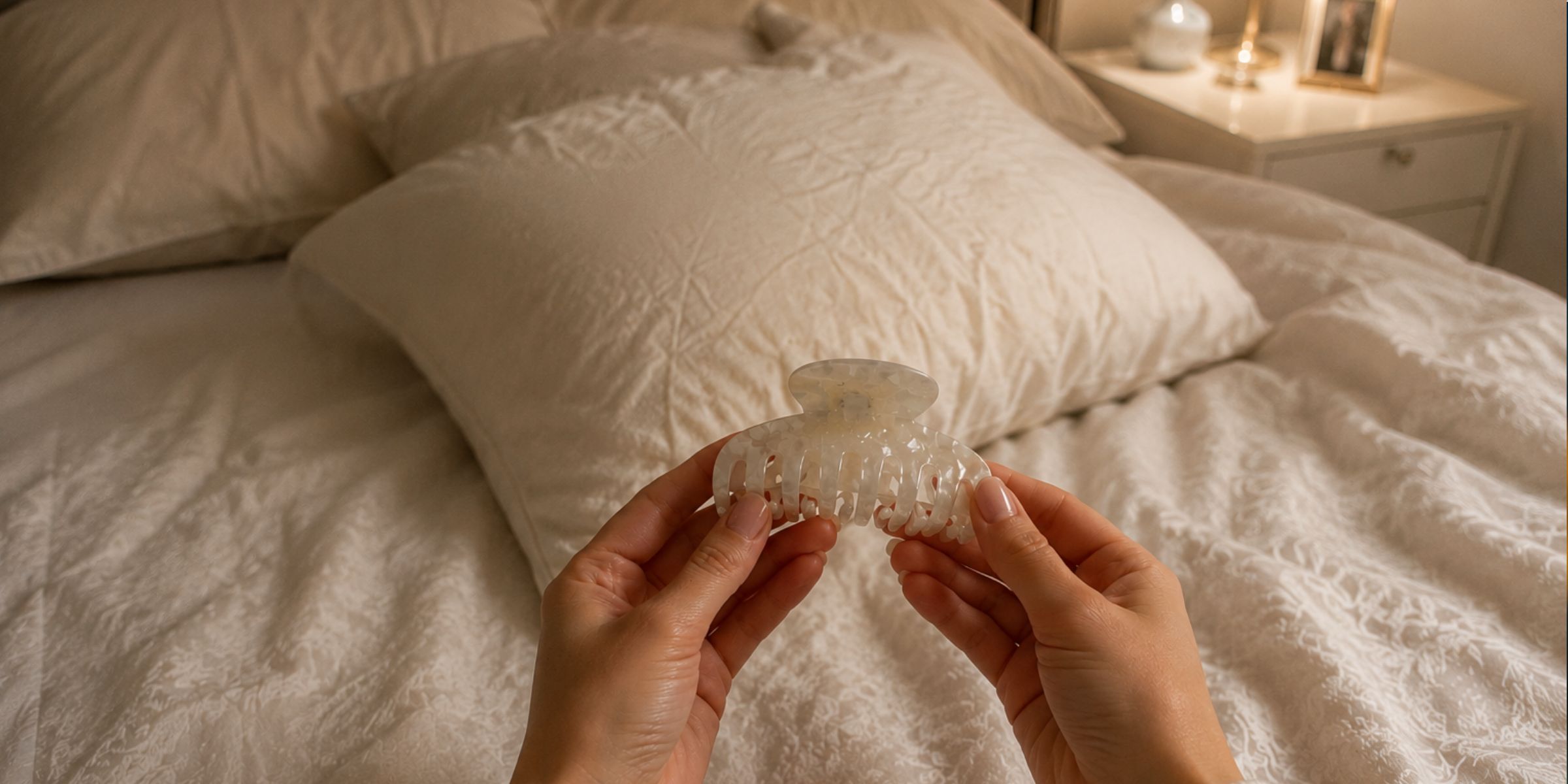 Close-up shot of a woman holding a hair clip in her bedroom | Source: Amomama