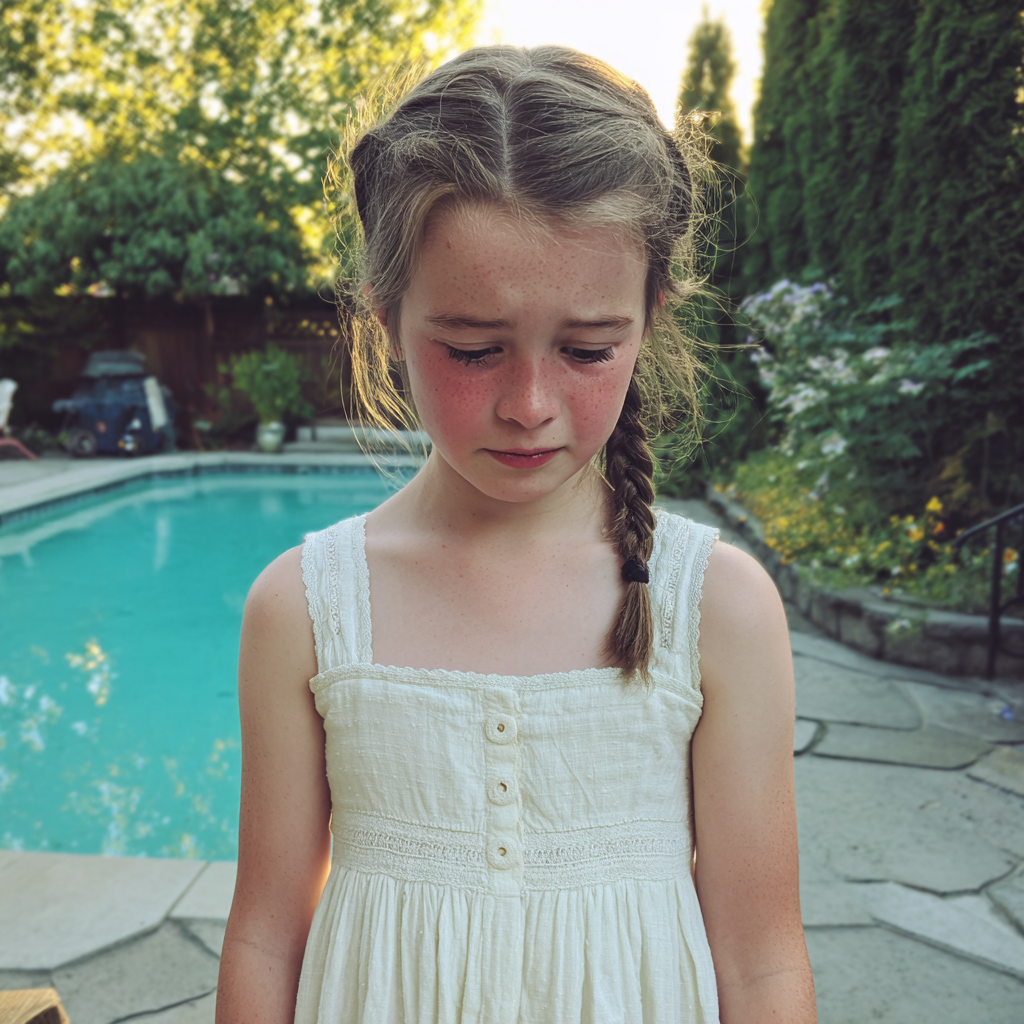 An upset little girl standing by a pool | Source:  no source