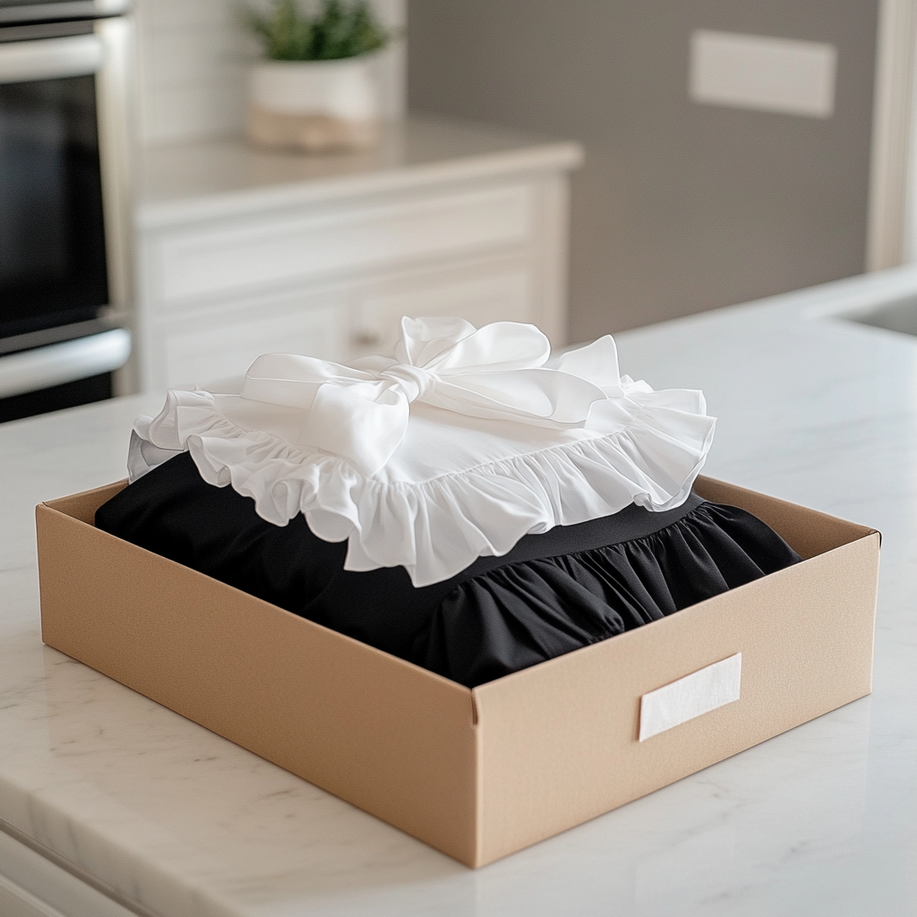 A frilly white apron and black dress inside a gift box | Source: no source