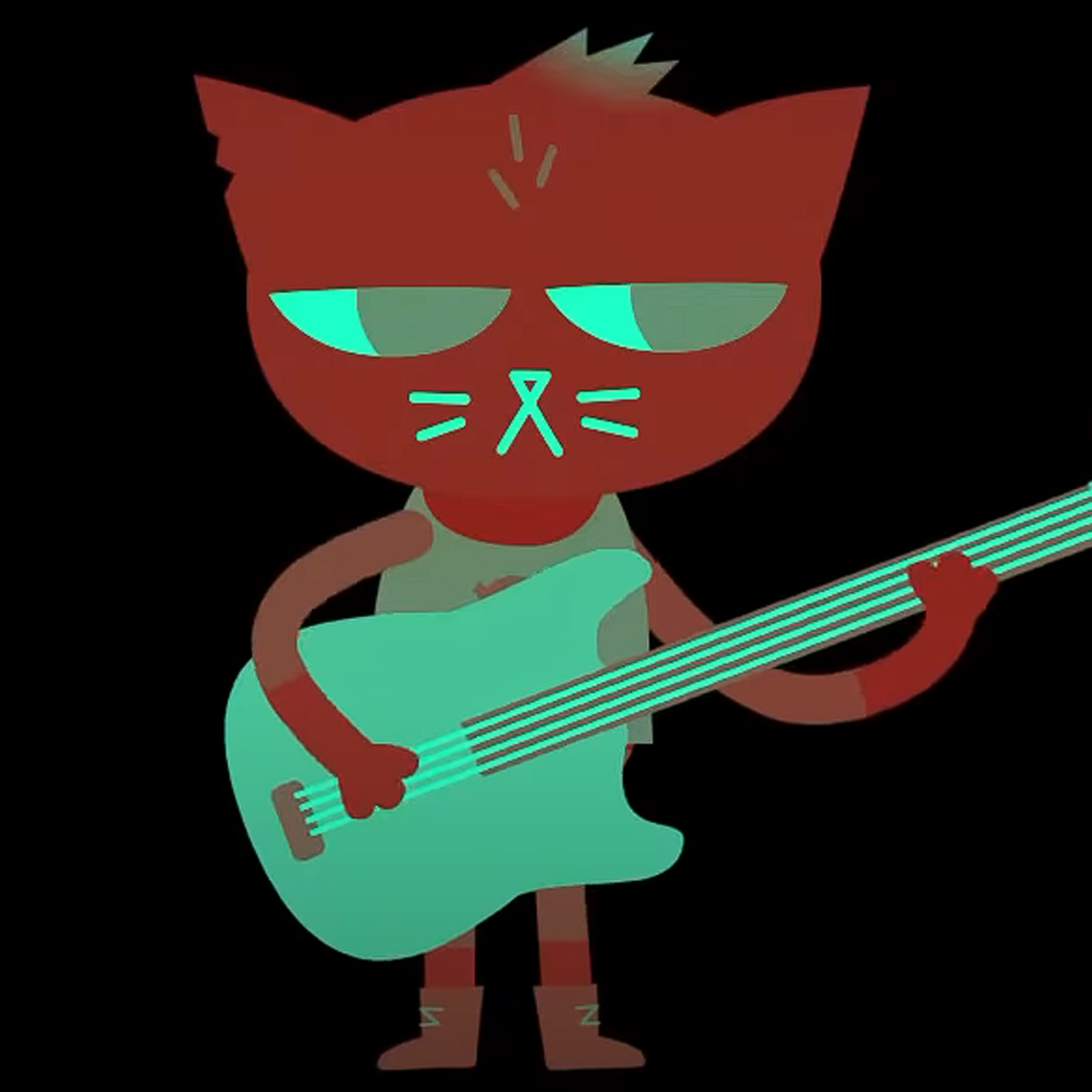 An animation of the main character and anthropomorphic cat Mae from the game “Night in the Woods” playing the bass. | Image: youtube.com/playstation