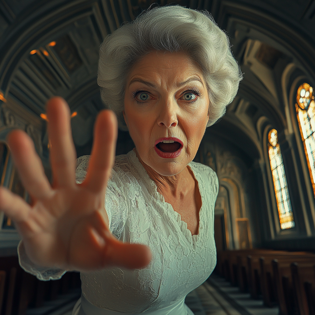 A frantic older woman in a church | Source: No source