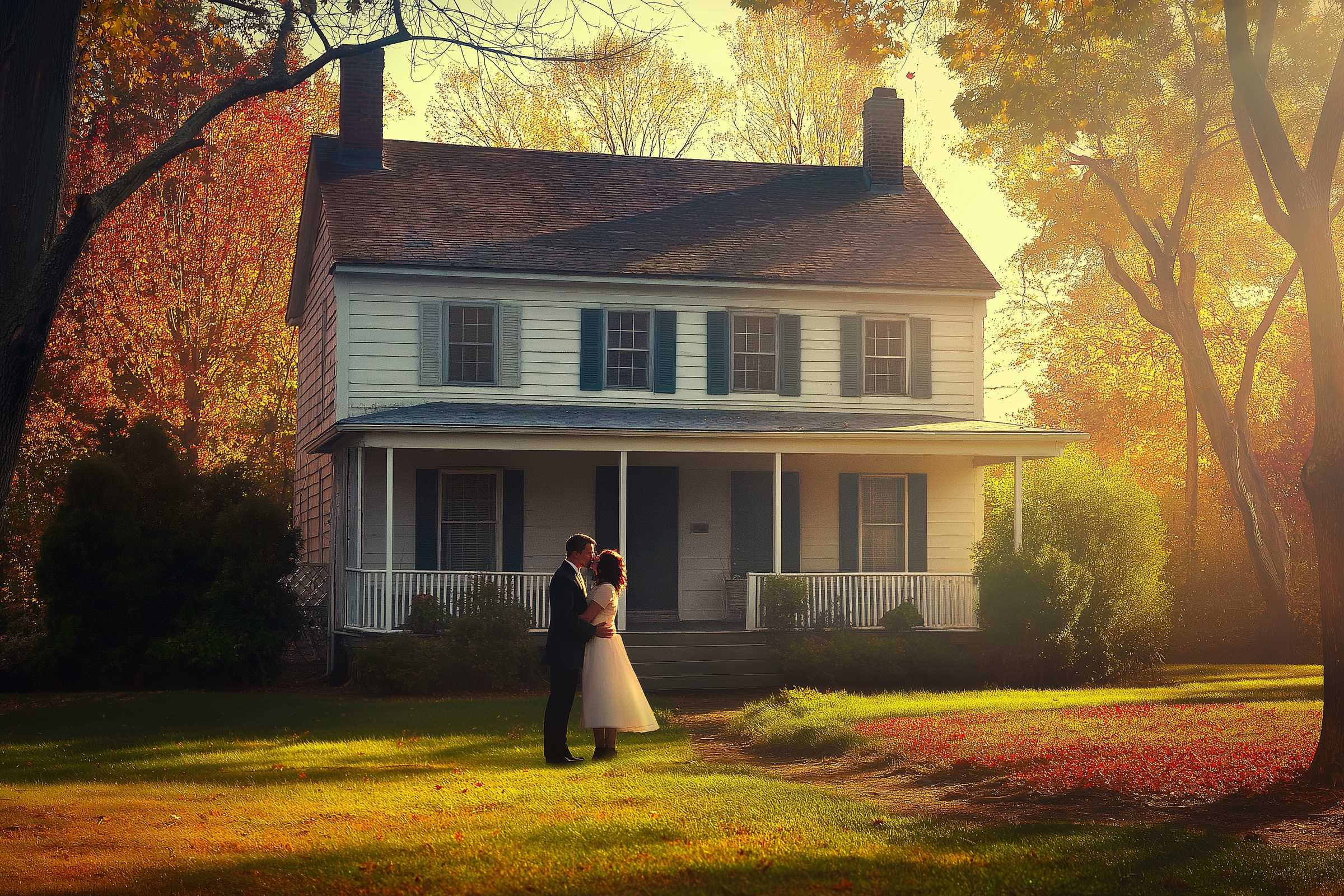 A couple kissing in front of a nice two-story house | Source: no source