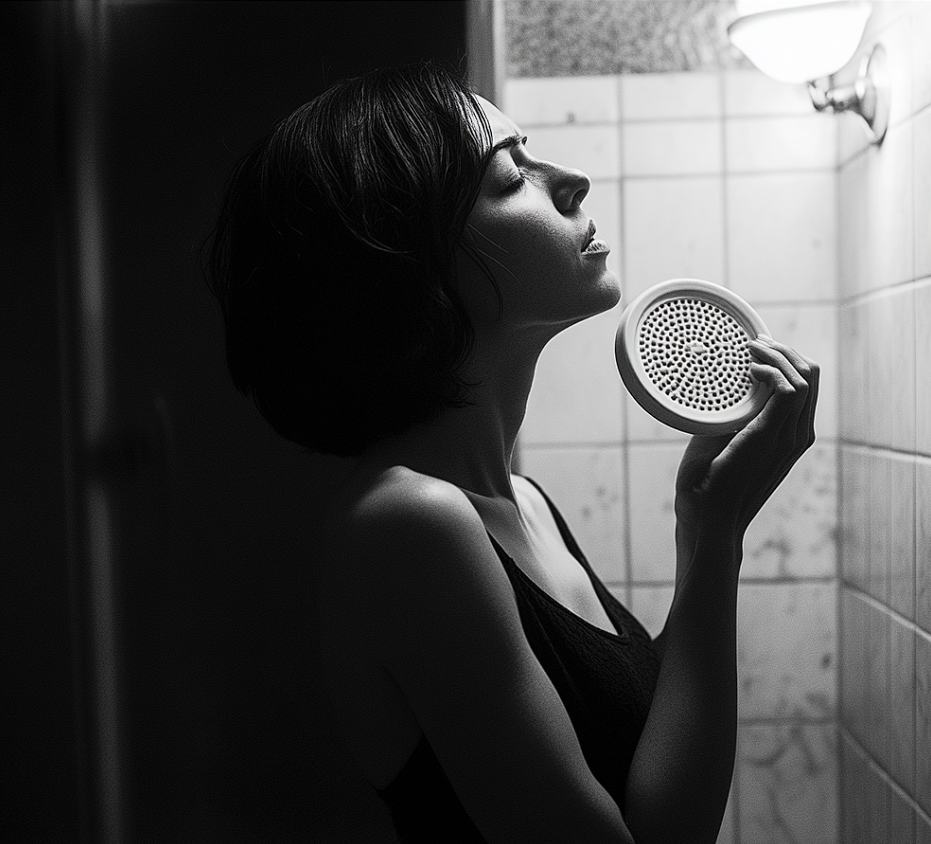A woman standing in a bathroom holding an air vent cover | Source: No source