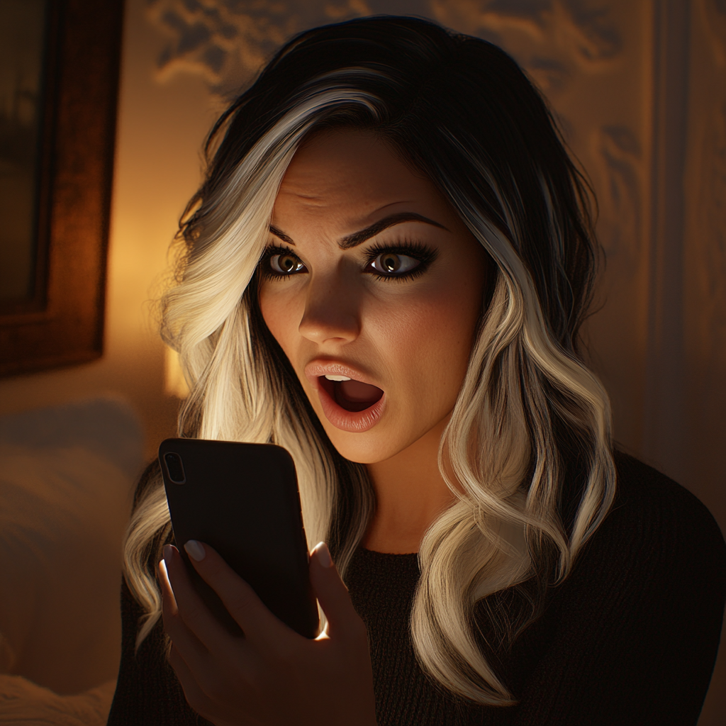 A startled woman looking at a smartphone | Source: no source