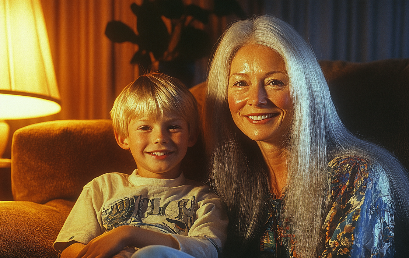 An older woman and her grandson sitting on a couch, smiling | Source: no source