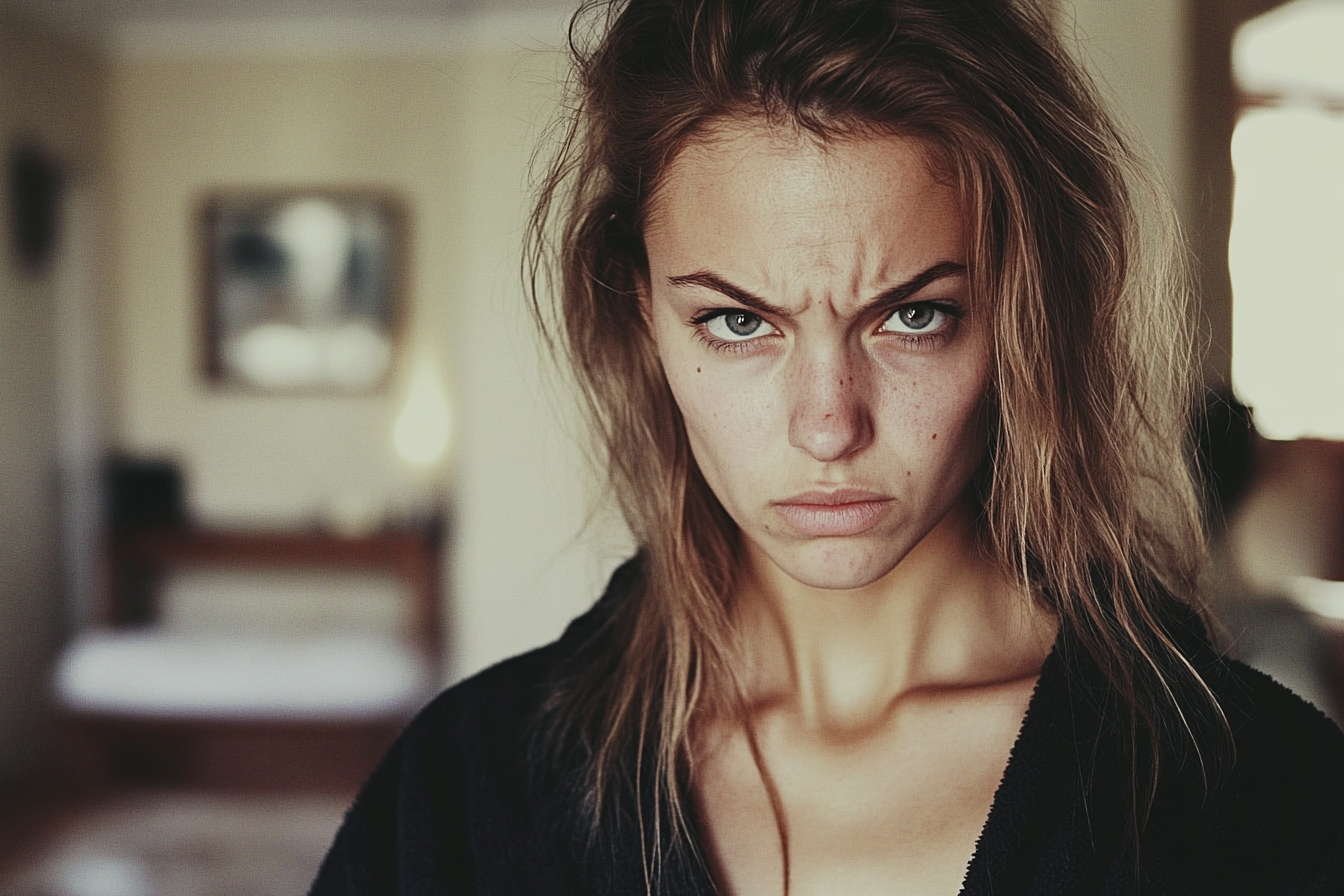 An angry woman in a bathrobe scowling at someone | Source: No source