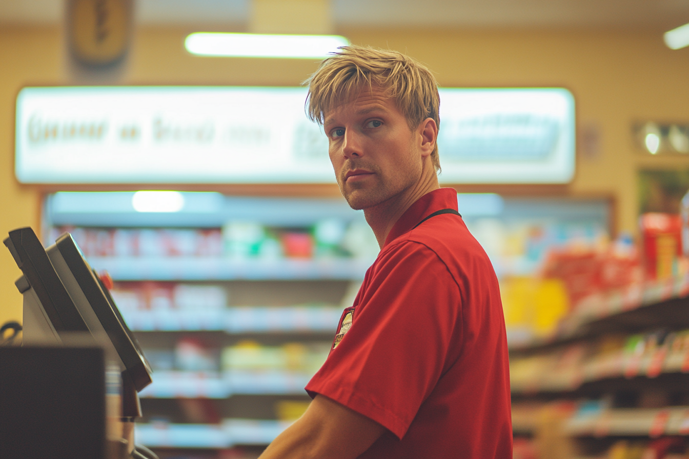 A man in a red uniform working as a cashier in a grocery store | Source: no source