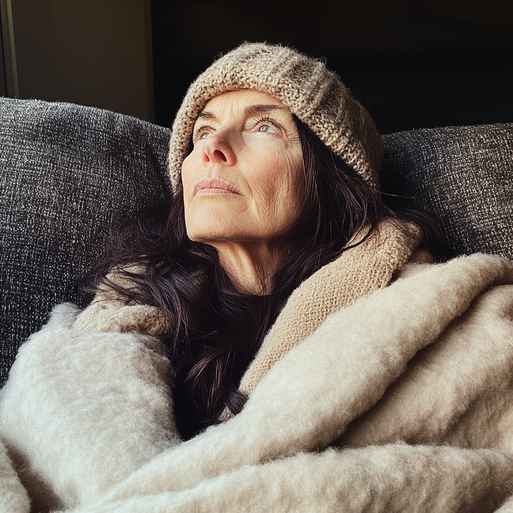 A woman sitting on a couch and looking up | Source: No source