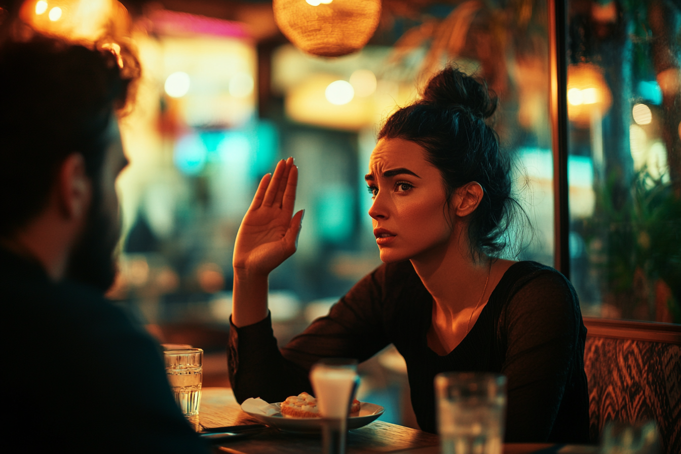 A black-haired woman in her 30s frowning at a man on a bad date night in a restaurant | Source: No source