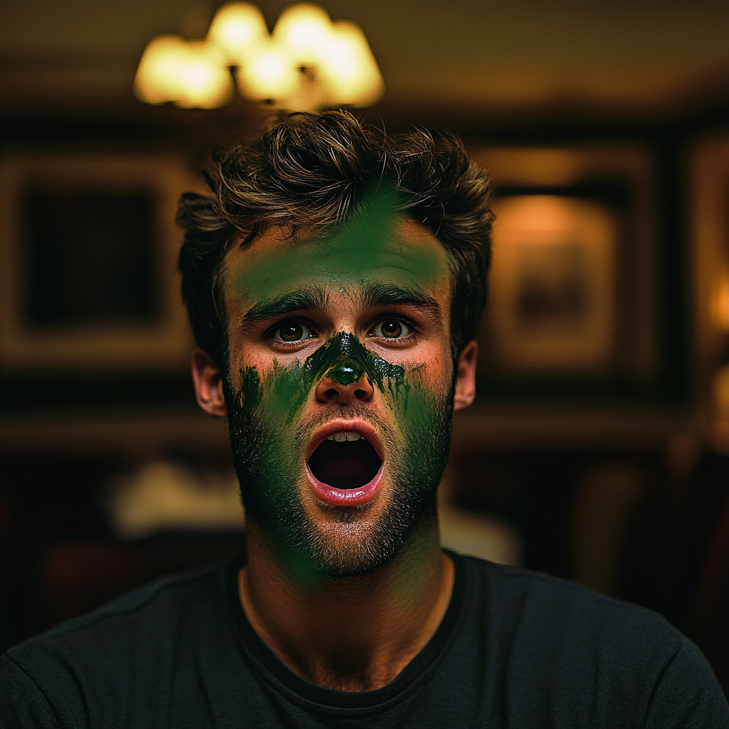 A shocked man with his face covered in green paint | Source: no source