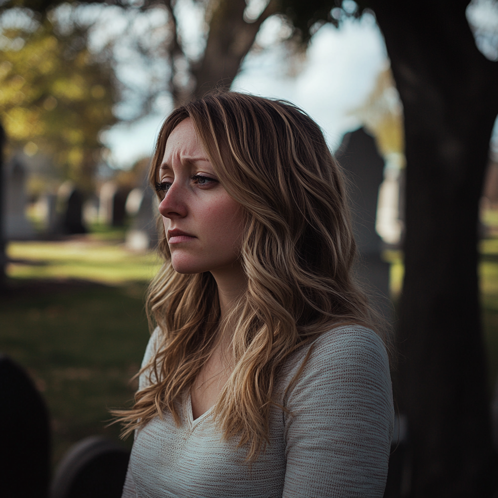A sad woman standing in a cemetery | Source: No source