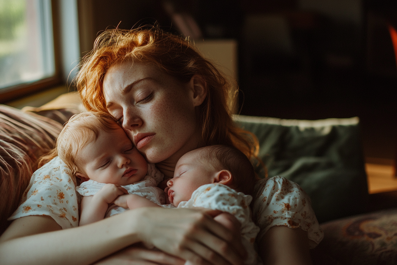 A woman resting on a sofa holding her twin daughters | Source: No source