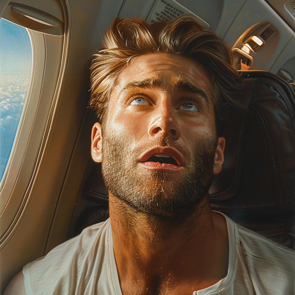 A young man seated in an airplane and looking up | Source: No source