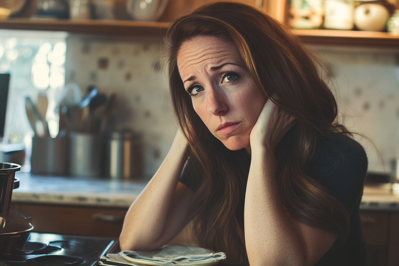 A thoughtful woman in a kitchen | Source: no source