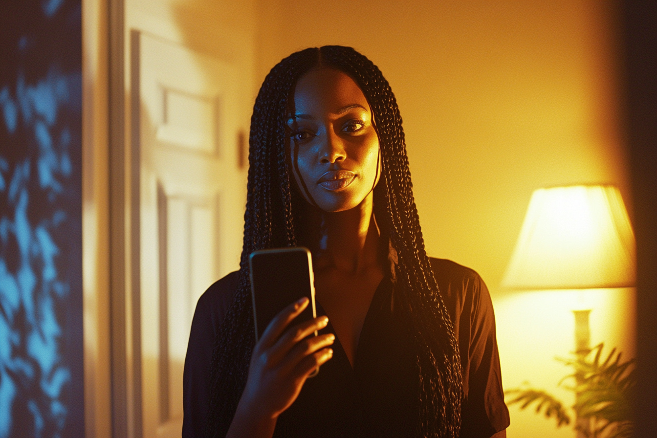 A woman holding up a phone in a living room at night | Source: no source