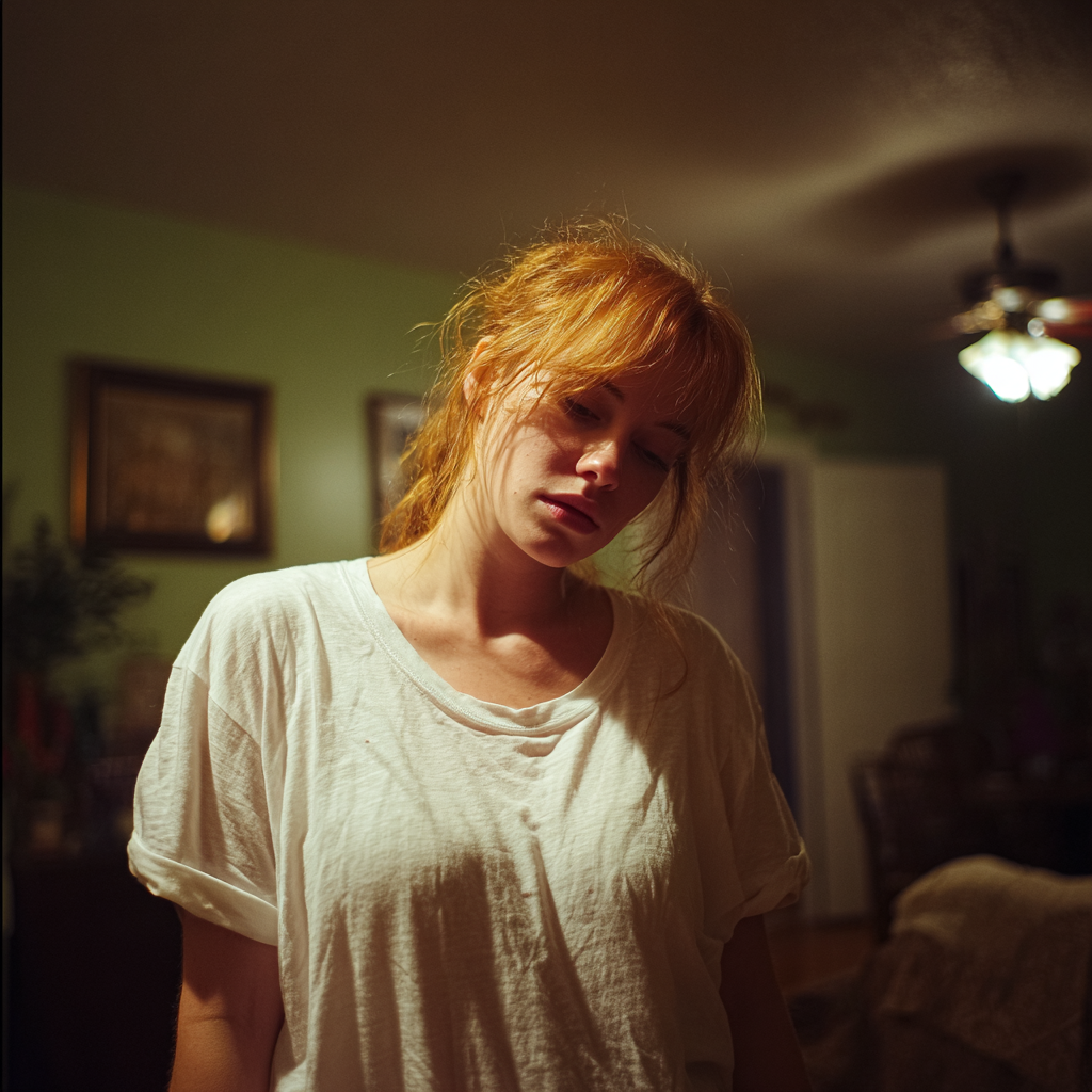 A tired woman standing in a living room | Source: No source