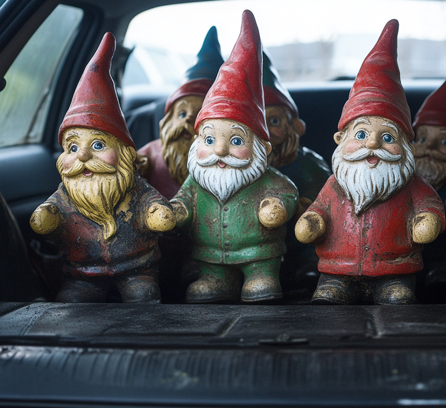 Garden gnomes in a car trunk | Source: no source