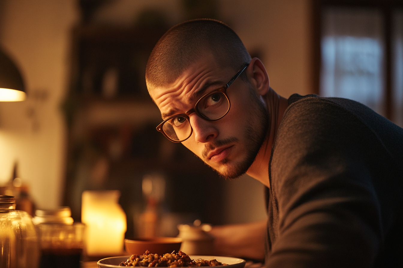 Worried man in his late 20s sitting at a dinner table with uneaten food | Source: No source