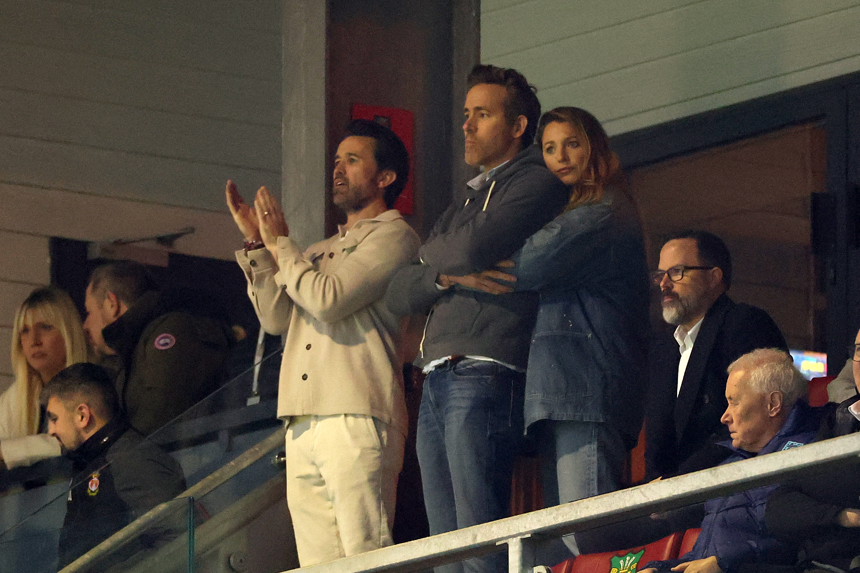 Rob McElhenney with Ryan Reynolds and Blake Lively prior to the Emirates FA Cup Fifth Round match between Wrexham and Chelsea on March 7, 2026, in Wrexham, Wales. | Source: Getty Images