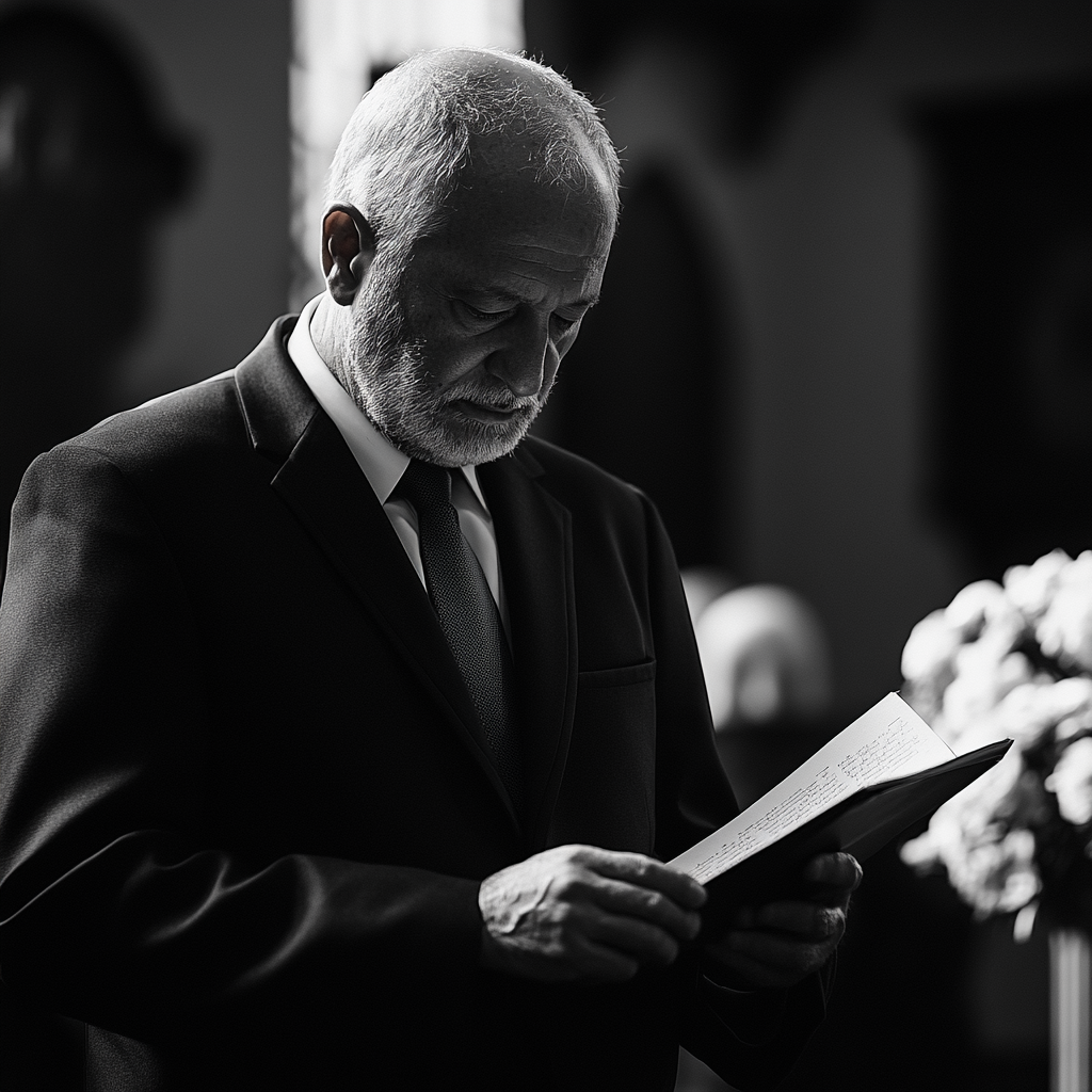 Senior man reading a letter at a funeral | Source: No source