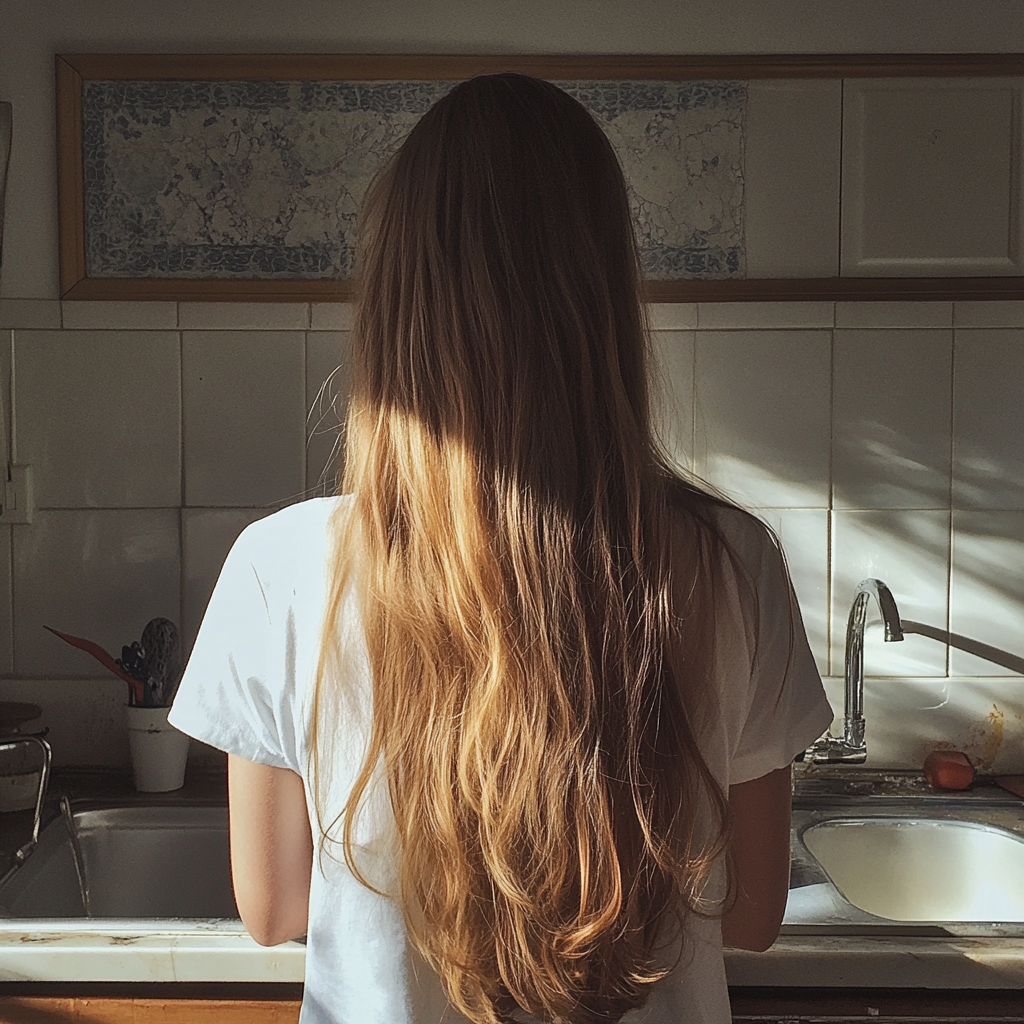 A teenage girl standing at a kitchen sink | Source: No source