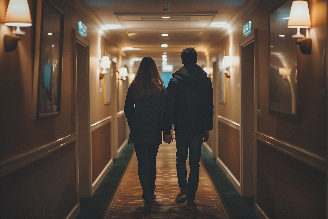 A man and a woman walking in a hotel corridor | Source: No source
