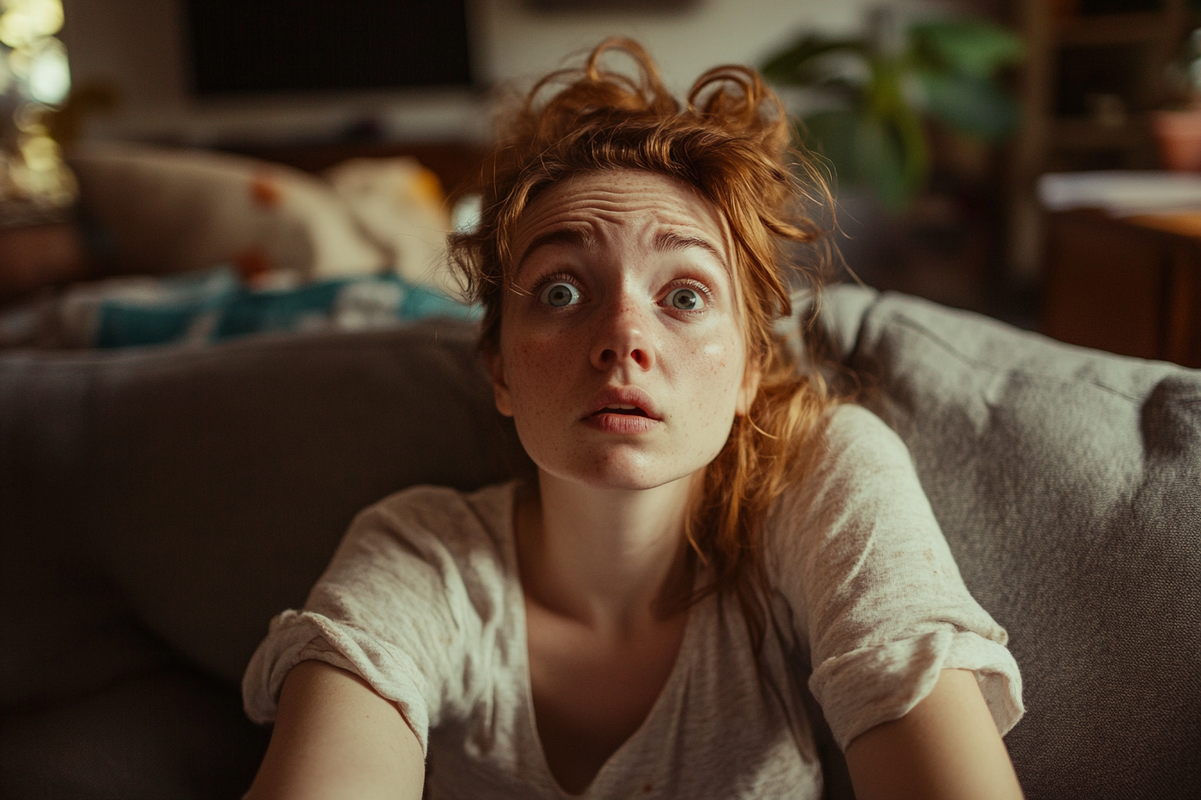 A woman on a sofa staring at something in shock | Source: No source