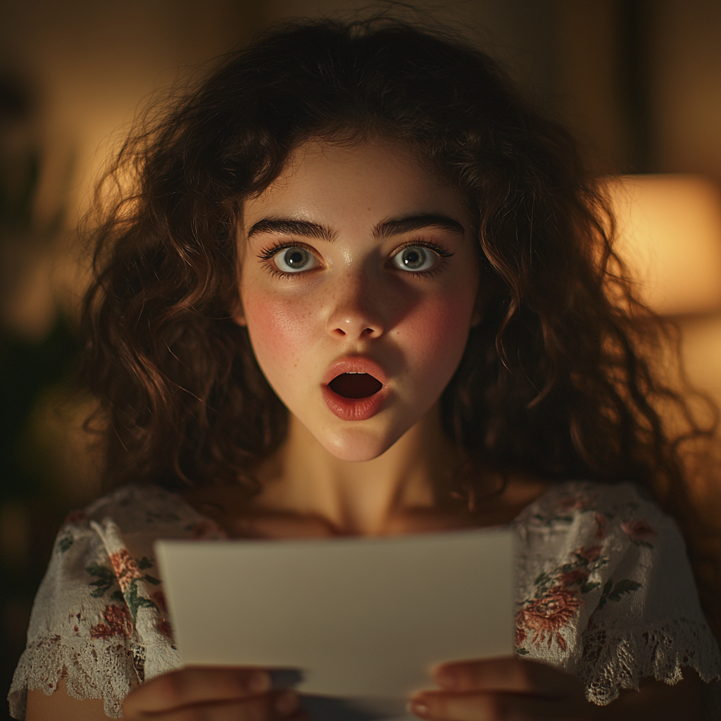 A startled woman holding an envelope | Source: no source