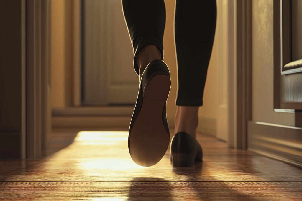 A woman walking down a hallway | Source: No source