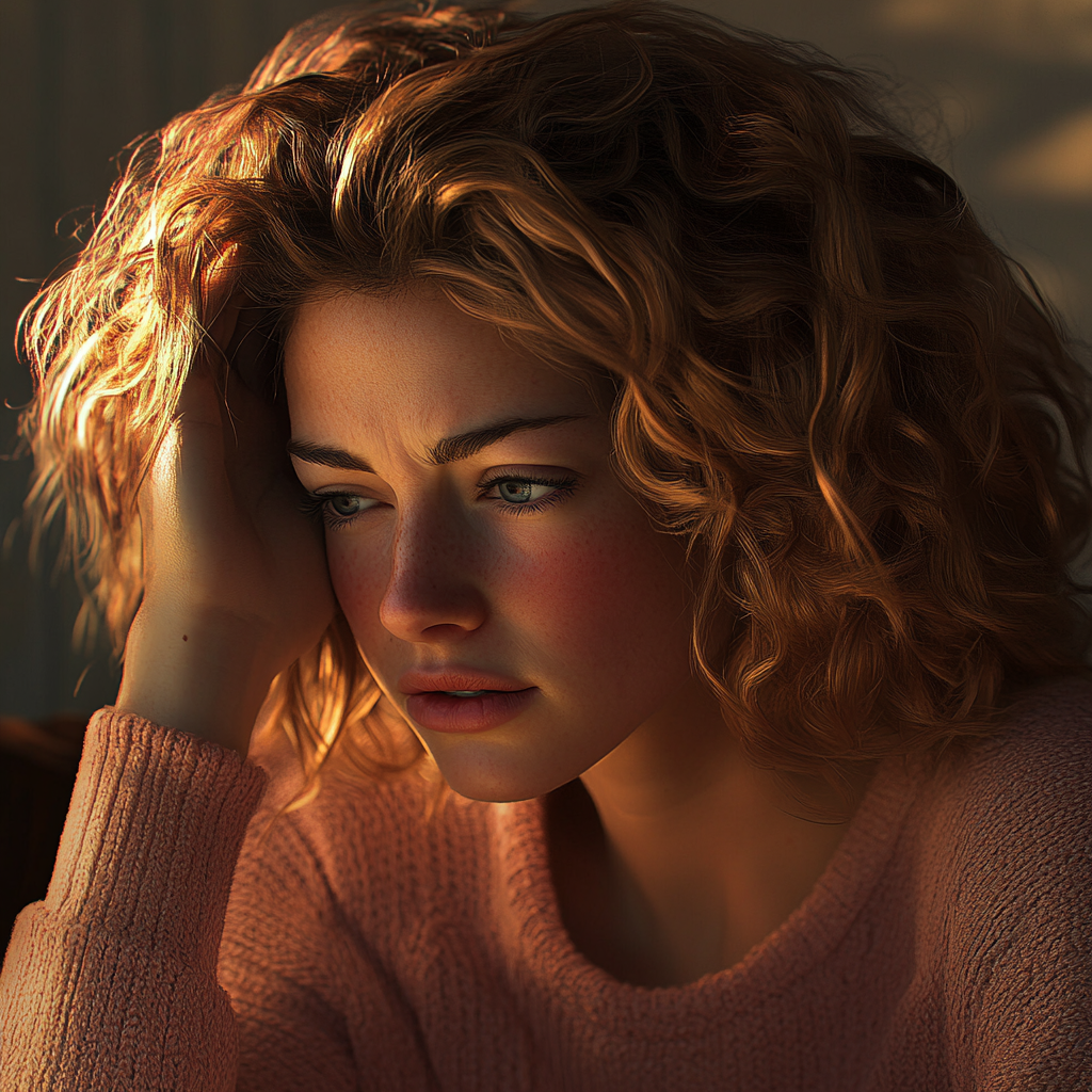 A sad woman holding her head | Source: no source