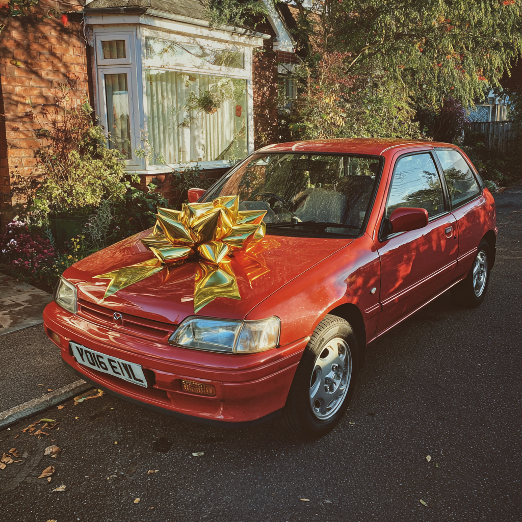 A car with a gold bow on it | Source: No source